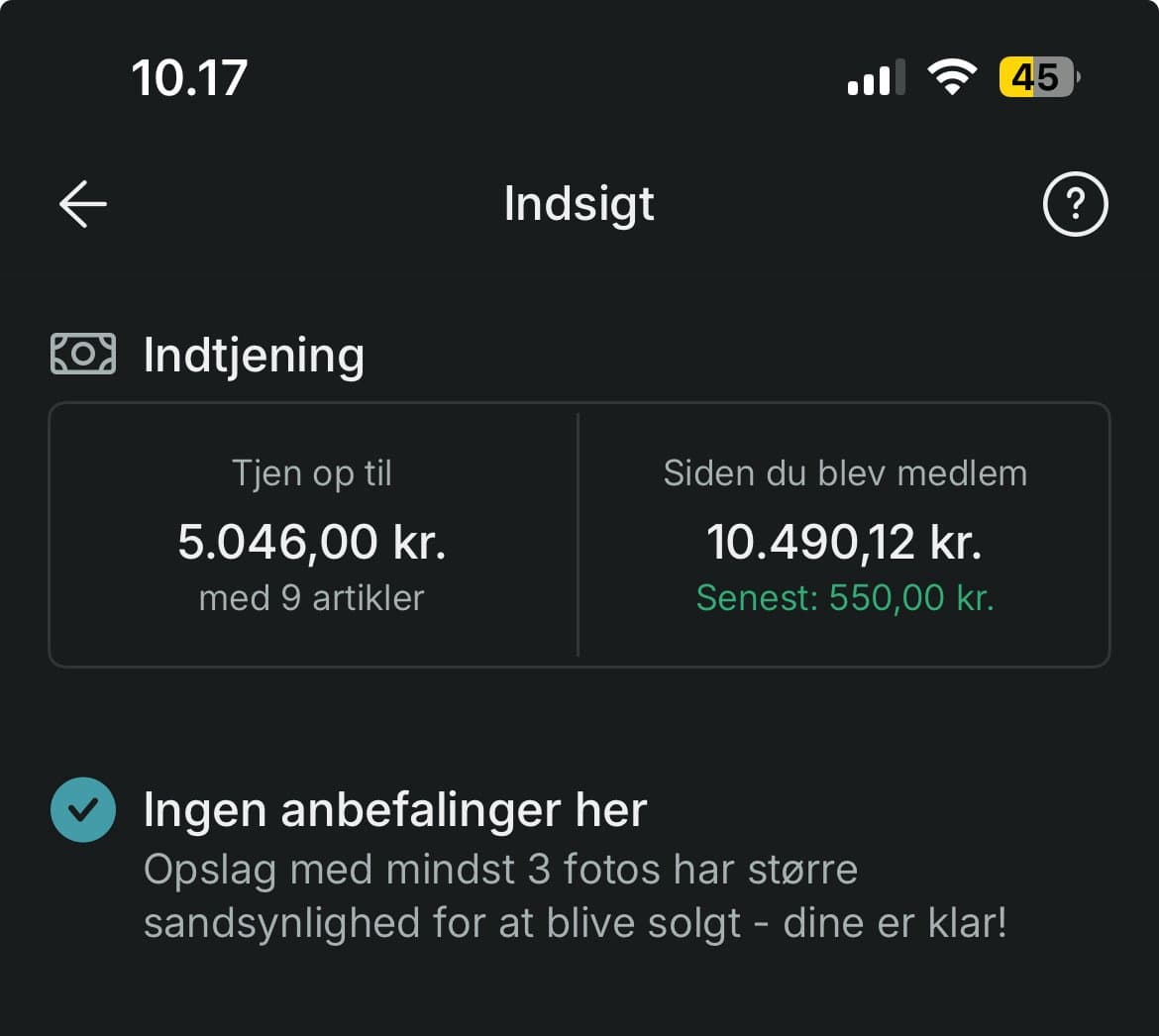 Salgsscreenshot fra et medlem: 10.490 kr. i omsætning